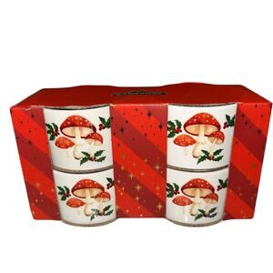 NEW 4 Ramekins The Bakeshop Ceramic Mushroom Holly Vintage Holiday Bowl Cup Dish